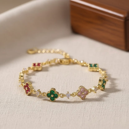 Bracelet Minimaliste Trèfle à Quatre Feuilles Multicolore CZ - Bijou Femme Exquis
