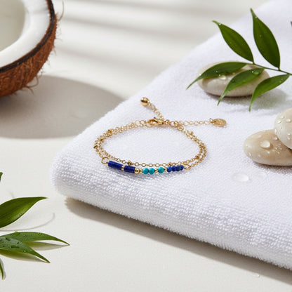 Bracelet fin Bohème en acier inoxydable plaqué or 18 carats avec Lapis Lazuli et Turquoise