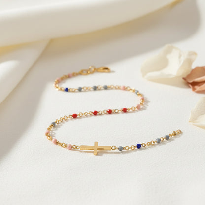 Bracelet Boho Fille en Acier Inoxydable - Chaîne Fine Dorée, Breloque Croisée, Cadeau Chic
