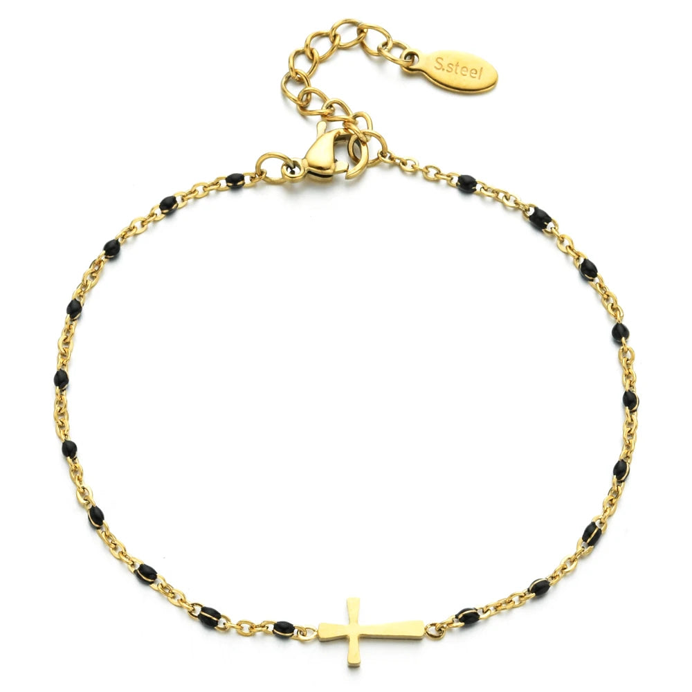 Bracelet Boho Chronostyle en Acier Inoxydable - Chaîne Fine Dorée, Breloque Croisée, Cadeau Chic