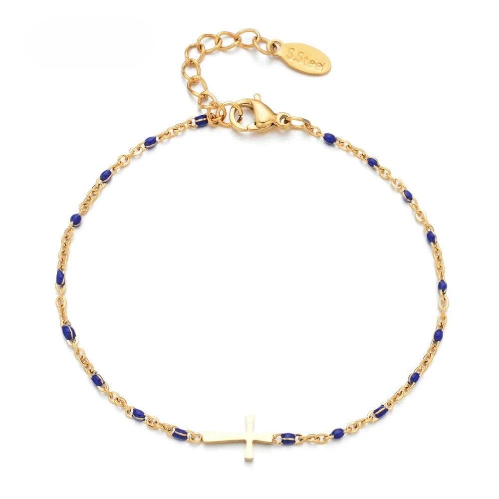Bracelet Boho Chronostyle en Acier Inoxydable - Chaîne Fine Dorée, Breloque Croisée, Cadeau Chic