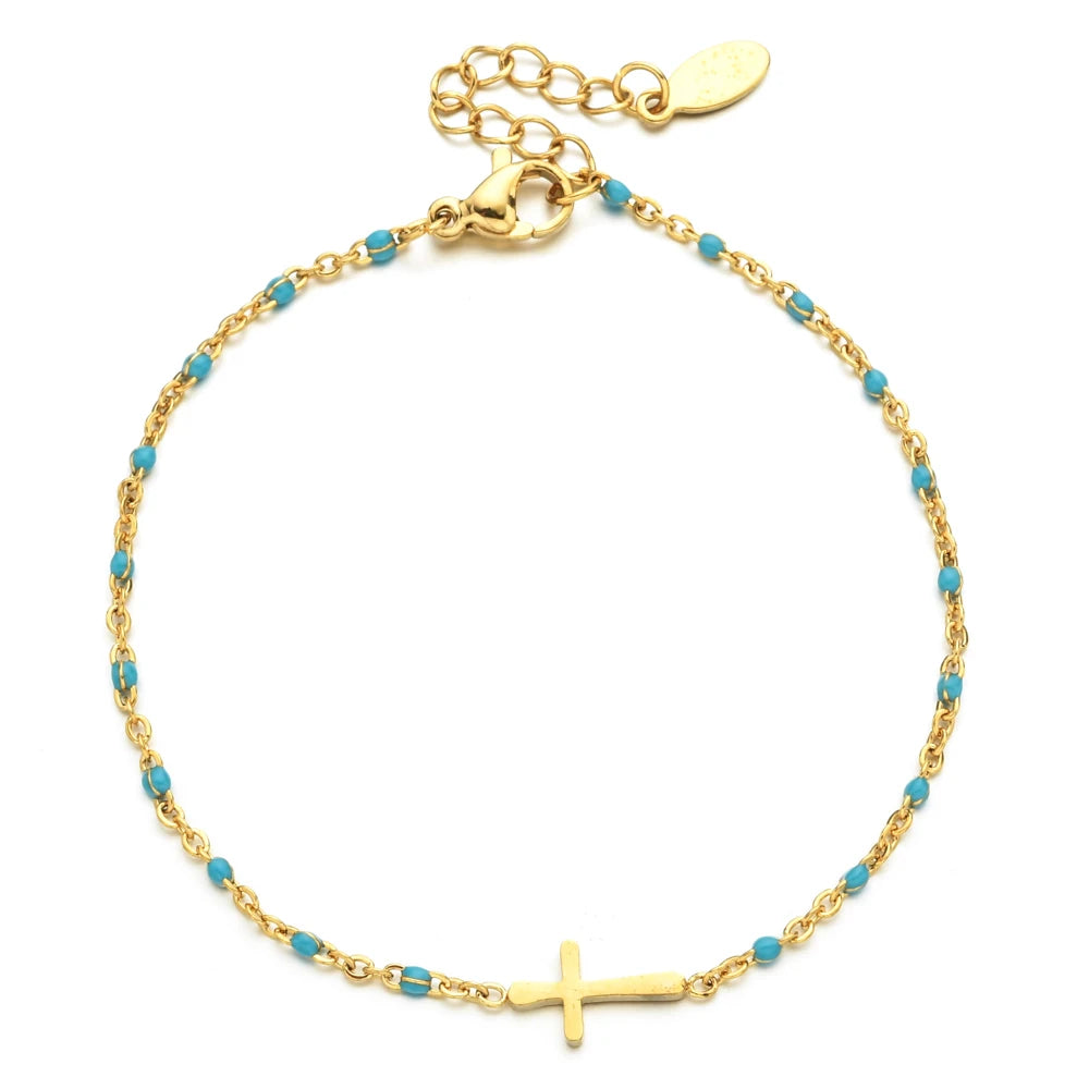 Bracelet Boho Chronostyle en Acier Inoxydable - Chaîne Fine Dorée, Breloque Croisée, Cadeau Chic