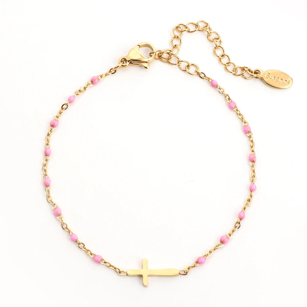 Bracelet Boho Chronostyle en Acier Inoxydable - Chaîne Fine Dorée, Breloque Croisée, Cadeau Chic