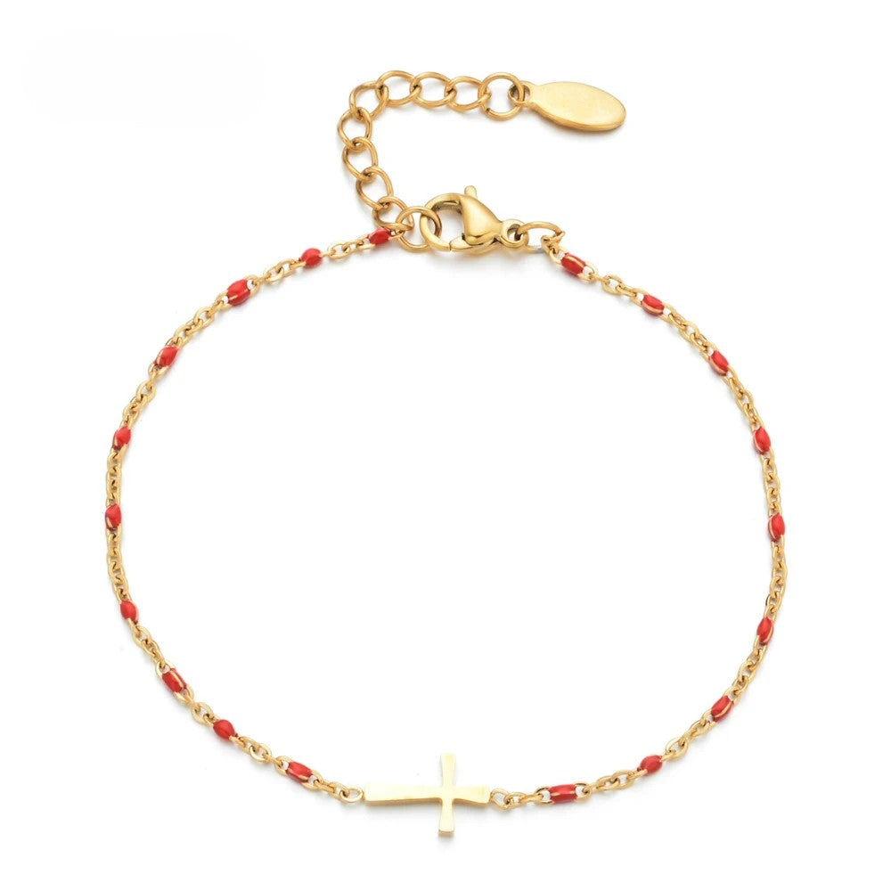 Bracelet Boho Chronostyle en Acier Inoxydable - Chaîne Fine Dorée, Breloque Croisée, Cadeau Chic