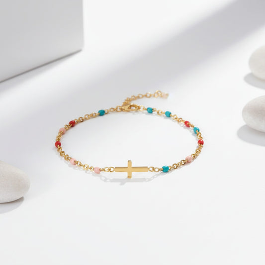 Bracelet Boho Fille en Acier Inoxydable - Chaîne Fine Dorée, Breloque Croisée, Cadeau Chic