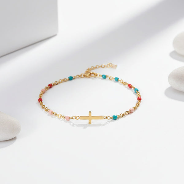 Bracelet Boho Fille en Acier Inoxydable - Chaîne Fine Dorée, Breloque Croisée, Cadeau Chic